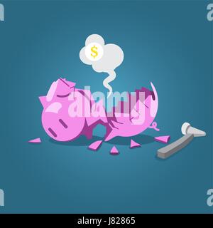 Broken piggy bank with hammer vector illustration for financial  crisis concept. Stock Vector