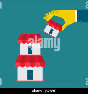 Businessman holding top of building stack.  Vector illustration for expanding business or growth of business concept. Stock Vector