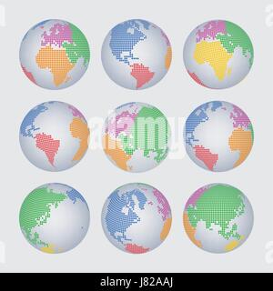 Worl map and continent halftone dot vector set Stock Vector