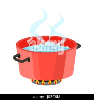 Boiling water in pan Red cooking pot on stove with water and steam Flat design vector Stock Vector