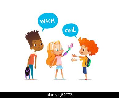 Smiling red-haired girl demonstrates to surprised friends her new artificial arm, children admire it. Happy kid with pink prosthesis. Vector illustration for banner, website, advertisement, poster Stock Vector