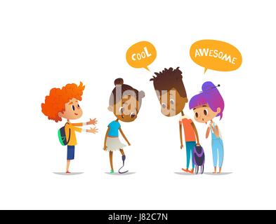 Smiling amputee girl demonstrates her new prosthetic leg to classmates, children are amazed and impressed. Concept of school friendship and inclusion. Vector illustration for banner, poster, website Stock Vector