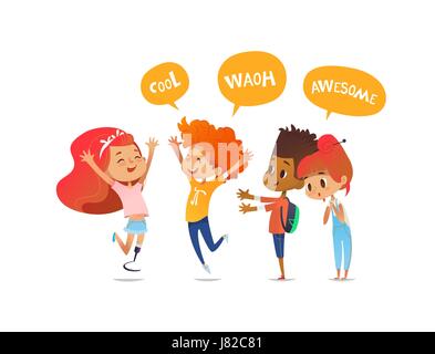 School children joyfully greet their friend with leg prosthesis. Amputee girl is glad to meet her classmates. Concept of happy meeting and true friendship. Vector illustration for poster, website Stock Vector