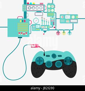 Machinery of factory refining oil and refueling a gamepad. Gamepad being filled by a oil with gas pump. Stock Vector
