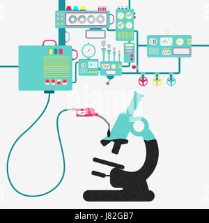 Machinery of factory refining oil and refueling a microscope. Microscope being filled by a oil with gas pump. Stock Vector
