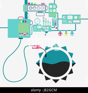 Machinery of factory refining oil and refueling a sun symbol. Sun sign being filled by a oil with gas pump. Stock Vector