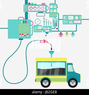 Machinery of factory refining oil and refueling a truck. Back of the truck being filled by a oil with gas pump. Petrol shown in a showcase in the back Stock Vector