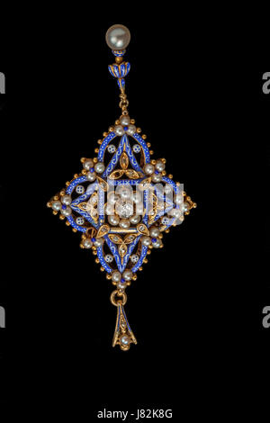 Diamond pearl and enamel Renaissance revival pendant by Carlo Giuliano. Stock Photo