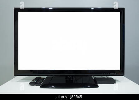 LED TV with blank screen on white stand Stock Photo