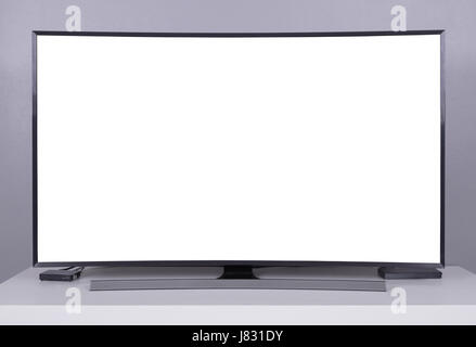 LED TV with blank screen on white stand Stock Photo