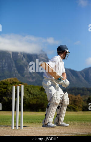 Cricket player practicing against blue sky on field Stock Photo