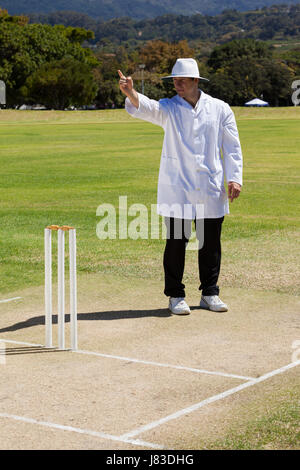 Full length of cricket umpire signalling out during match on sunny day against clear sky Stock Photo