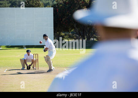 Rear view of umpire standing at cricket match field on sunny day Stock Photo