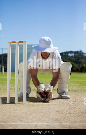 Full length of wicketkeeper holding ball behind stumps against blue sky on sunny day Stock Photo