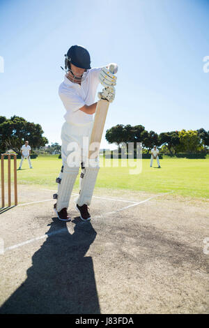 Full length of batsman standing on pitch against clear sky Stock Photo