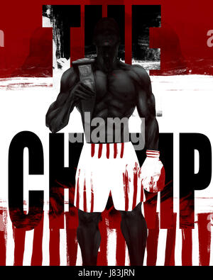 Muscular boxer standing. Illustration of a muscular black and white boxer athlete standing with champion belt on grunge white and red background. Stock Photo