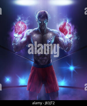 Angry boxer warrior. Angry fantasy athlete boxer illustration with lightning effect energy boxing gloves & red shorts. Stock Photo