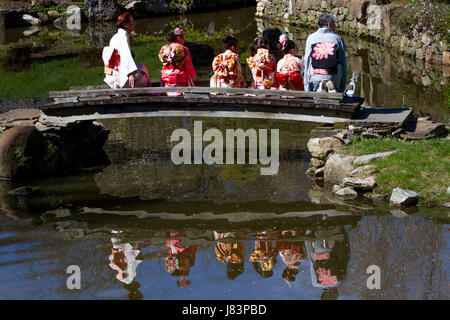 Ceremony at the Shofuso Japanese House and Garden in Philadelphia's Fairmount Park to celebrate the opening of the 2017 Subaru Cherry Blossom Festival. Stock Photo