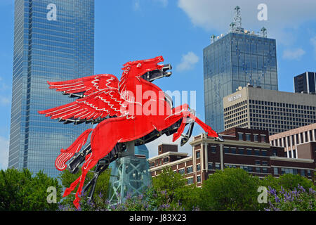 The iconic Pegasus 'flying horse' sat on top of the Magnolia Building in downtown Dallas for 60 years before being restored at the Omni Hotel Plaza. Stock Photo