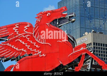 The iconic Pegasus 'flying horse' sat on top of the Magnolia Building in downtown Dallas for 60 years before being restored at the Omni Hotel Plaza. Stock Photo