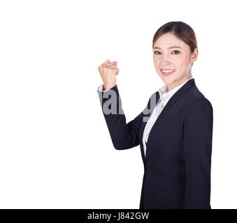 Successful business  woman with arm raised isolated on white background Stock Photo