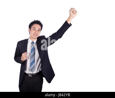 success businessman keeping arms raised isolated on white background Stock Photo