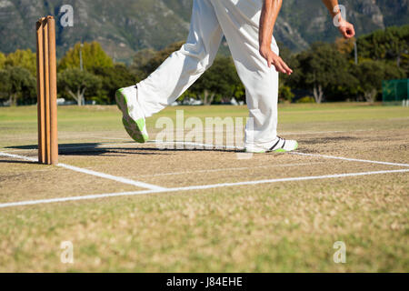 Low section of player standing by stumps at cricket field on sunny day Stock Photo
