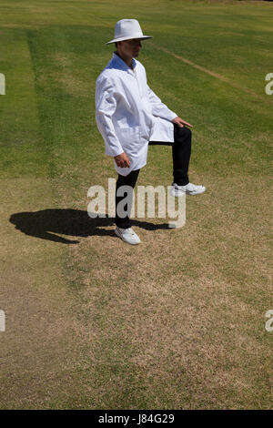 Cricket umpire signaling leg bye on field during match Stock Photo