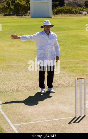 Full length of cricket umpire signalling no ball during match on sunny day Stock Photo