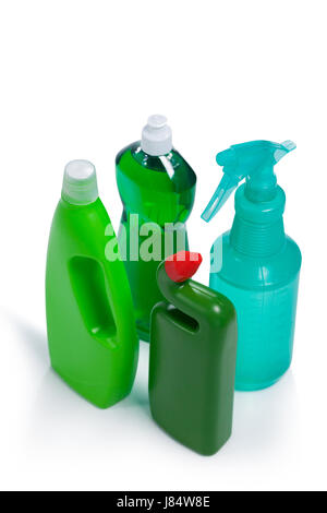 Various detergent bottles arranged on white background Stock Photo