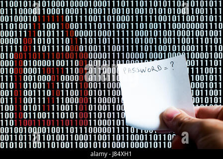 Hand holding a paper in front of a locked binary code screen Stock Photo