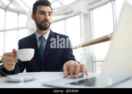 Portrait of handsome successful businessman working with laptop in cafe during coffee break Stock Photo
