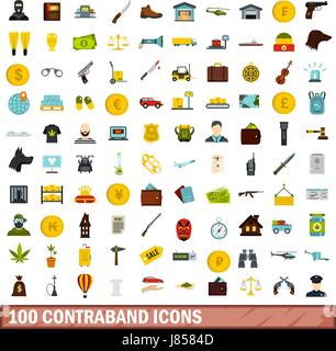 100 contraband icons set, flat style Stock Vector