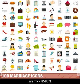 100 marriage icons set, flat style Stock Vector