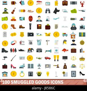 100 smuggled goods icons set, flat style Stock Vector