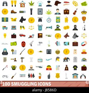 100 smuggling icons set, flat style Stock Vector
