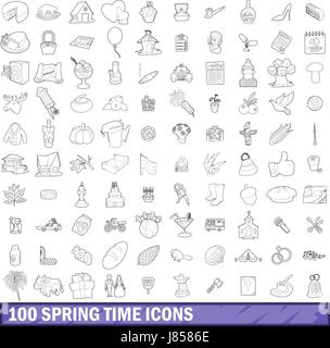 100 spring time icons set, outline style Stock Vector