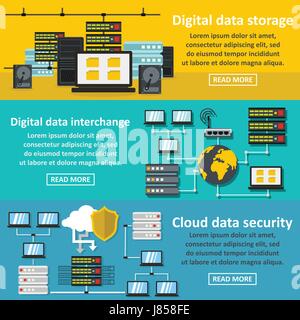 Data storage banner horizontal set, flat style Stock Vector