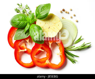 composition of vegetables, herbs and spices isolated on white background, top view Stock Photo