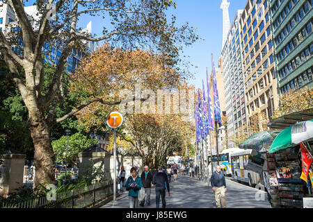 York street in Sydney city centre with buses progressing past Wynyard station interchange,Sydney,Australia Stock Photo