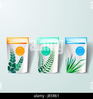 Mockup template for branding and product designs. Isolated realistic plastic flow pack with unique design. Stock Vector