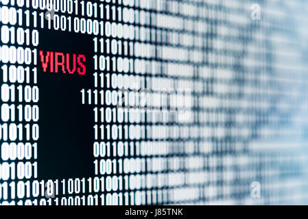 Computer virus in a backdoor of a sequence of bit figuring a software on a screen Stock Photo