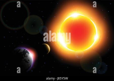 Solar Eclipse ( Vector ) . Moon move around the world and hide sunlight . Stock Vector