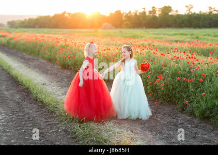 childhood, friendship, nature, holidays, freedom, wedding concept - two charming girls in feast dresses standing in the field of poppies, looking at each other and laughing Stock Photo