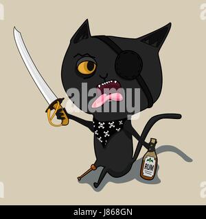 Cat Pirate with a bottle of rum and a blade. Cute black cartoon cat. Big mustache whisker. Funny character. Flat design. Isolated. Vector illustration Stock Vector