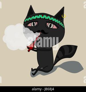 The cat clears a pipe, shaman. Cute black cartoon cat. Big mustache whisker. Funny character. Flat design. Isolated. Vector illustration Stock Vector