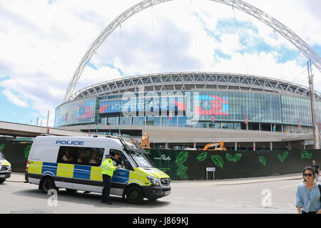London UK. 27th May 2017. Wembley Stadium is beefed up with police for the FA cup final showcase between Arsenal and Chelsea on the day the terror threat level was reduced to severe from critical after the Manchester bombings Credit: amer ghazzal/Alamy Live News Stock Photo