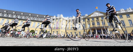 Karlsruhe, Germany. 27th May, 2017. Members of the 1880 velocipede club from Prague, the Czech Republic, seen on their vehicles in front of Karlsruhe Palace in Karlsruhe, Germany, 27 May 2017. It is part of the celebrations marking the 200th anniversary of the bicycle held in Karlsruhe under the motto 'Ganz schoen Drais!' (lit. Pretty Drais, in reference to Karl von Drais, inventor of an early version of the bicycle). Photo: Uli Deck/dpa/Alamy Live News Stock Photo