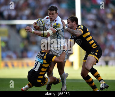 London, UK. 27th May, 2017. Ian Whitten (Chiefs) was tackled during 2017 Aviva Premiership Rugby Final Wasps v Exeter Chiefs at Twickenham Stadium Credit: Taka Wu/Alamy Live News Stock Photo
