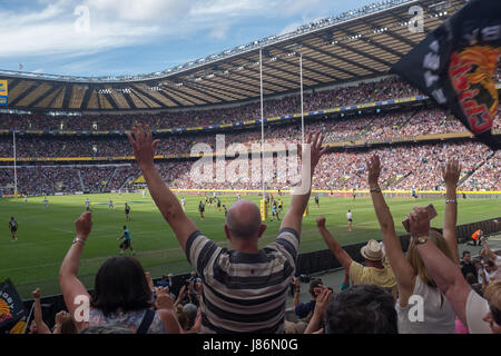 Twickenham, UK. 27th May, 2017. Exeter Chiefs fans cheer the final whistle in their victory over Wasps in extra time at Twickenham Credit: On Sight Photographic/Alamy Live News Stock Photo
